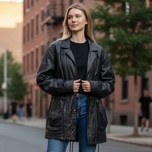 Vintage Cinched Waist Longline Black Leather Jacket